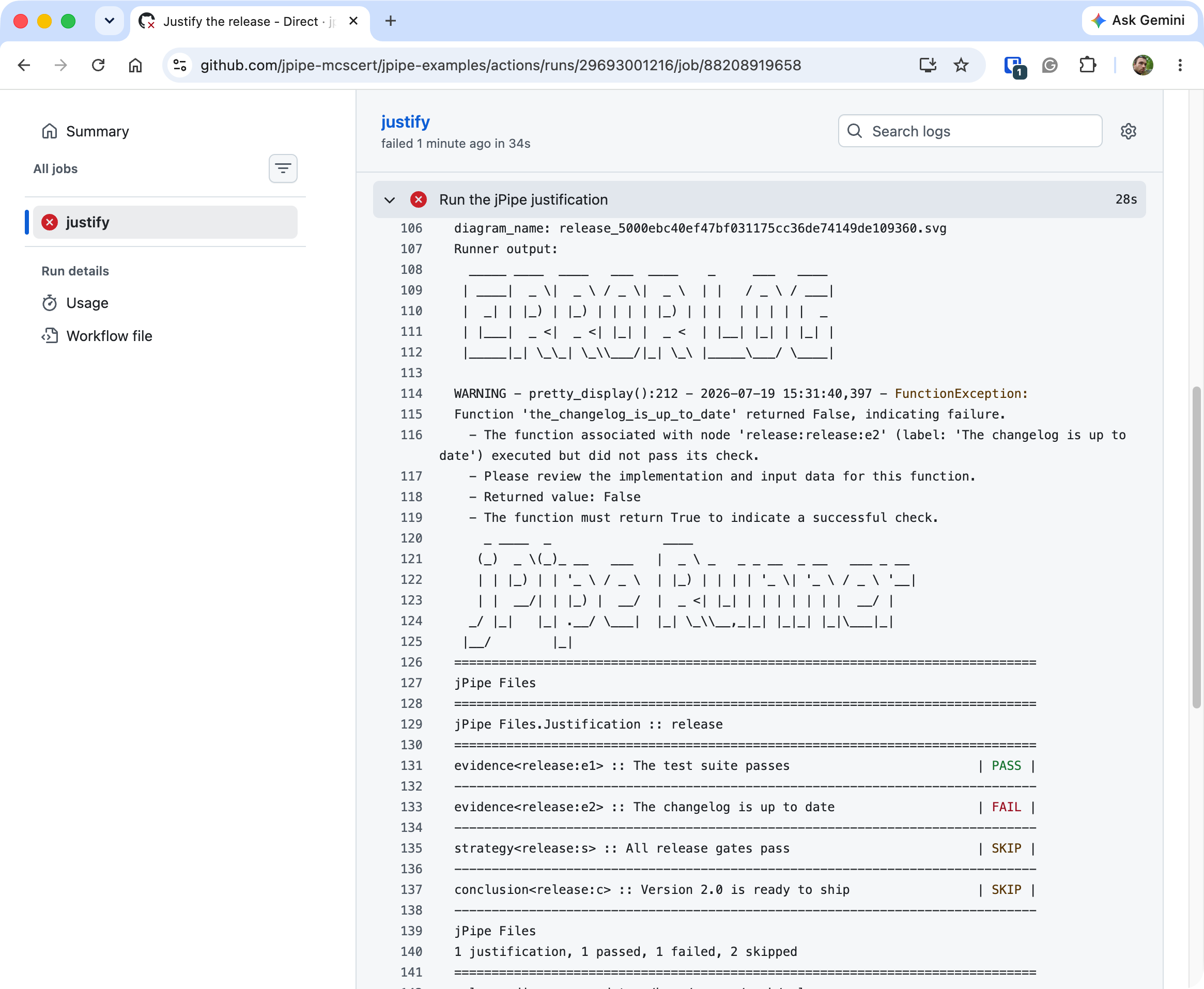 The job logs showing the changelog evidence failing and the nodes above it skipped