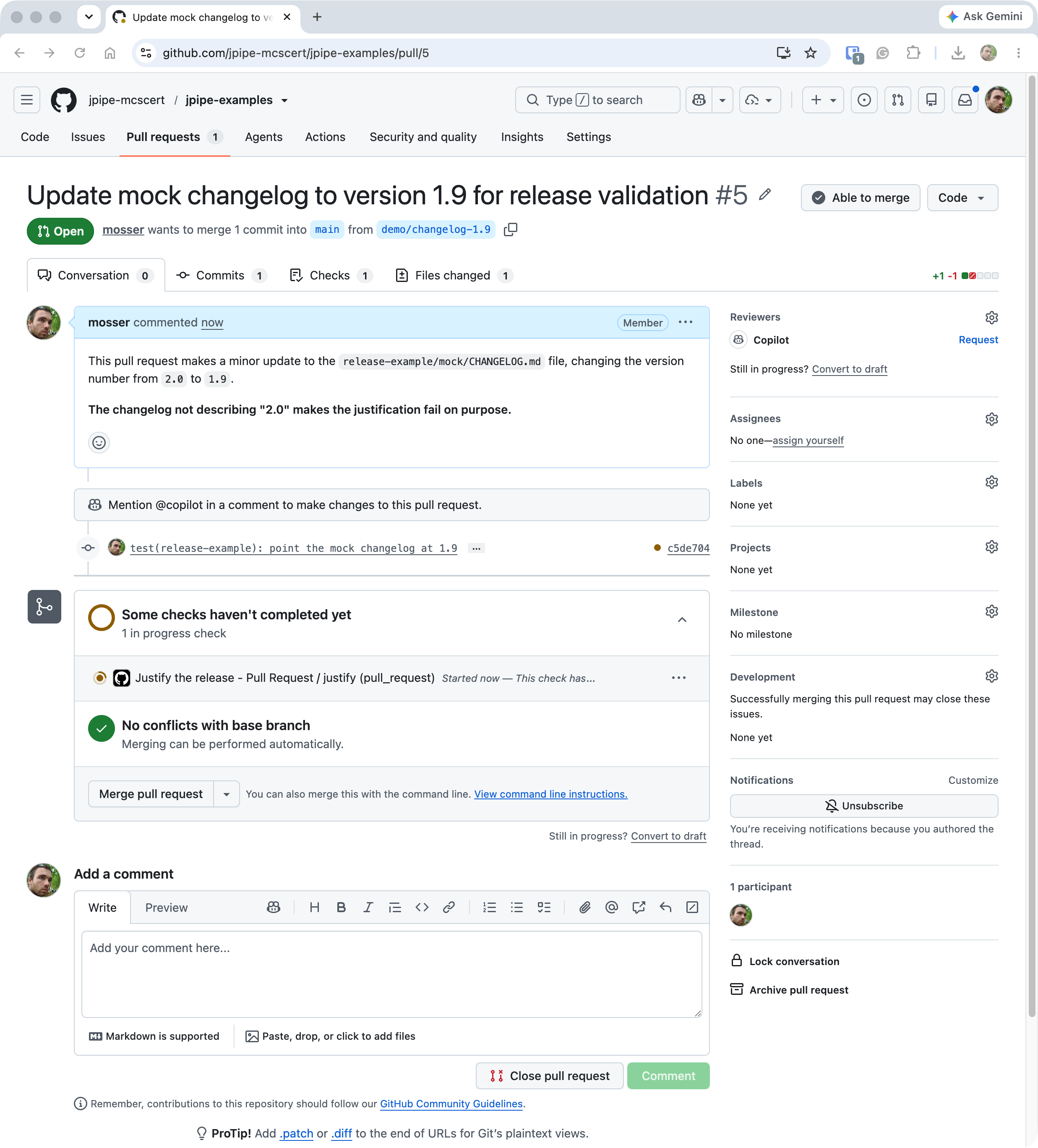 A newly opened pull request with the jPipe justification check in progress