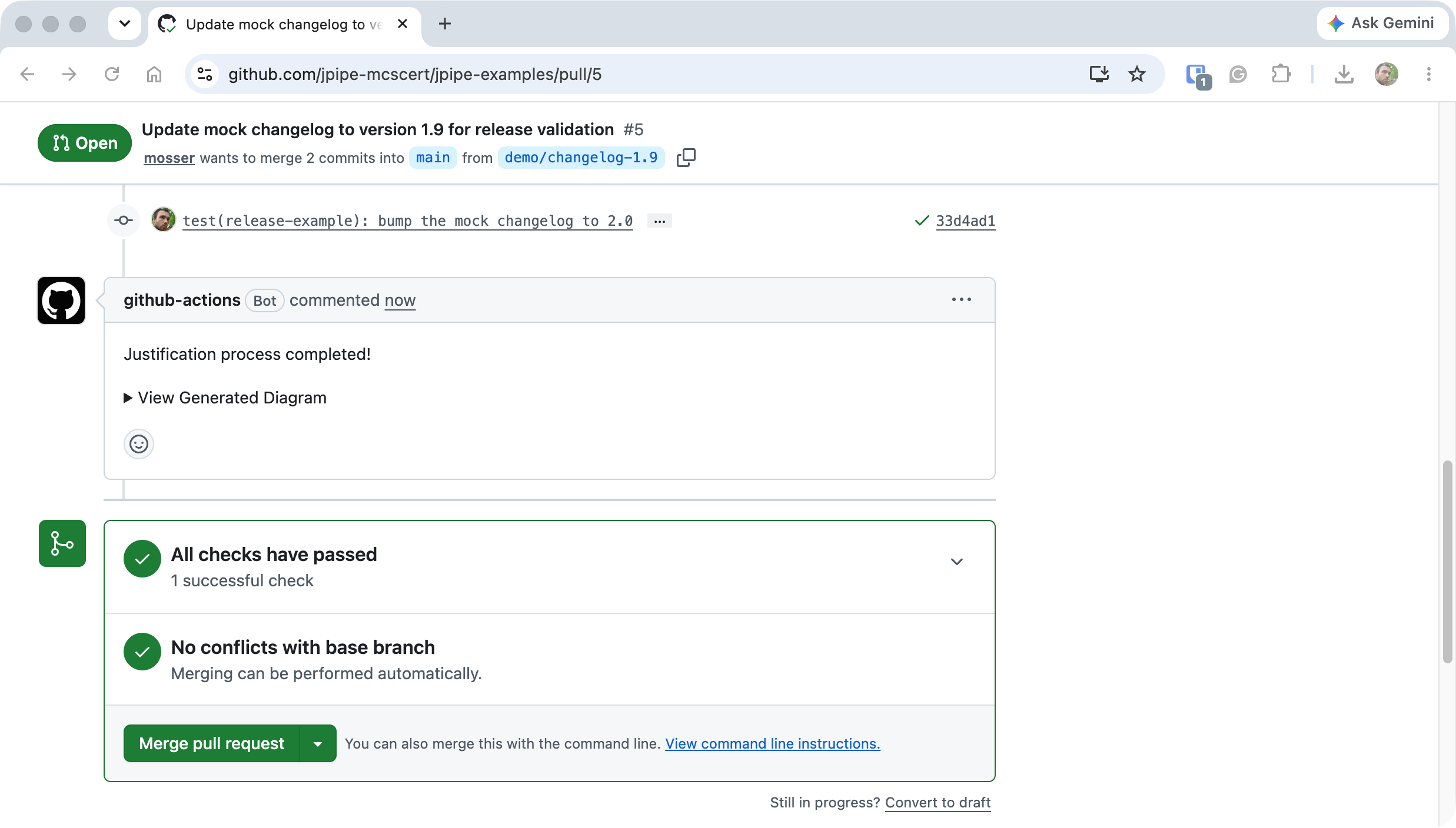 The pull request after the fix: the bot reports the justification completed and all checks pass